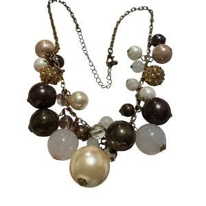 Chunky Faux Pearl Statement Bib Necklace Bronze Brown Cream Rhinestone Cluster